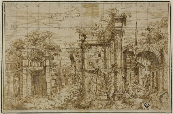 Ruins of Roman Forum, with Figures, c. 1550, Giovanni Battista Pittoni the Elder, called Battista Vicentino, Italian, 1520-1583, Italy, Pen and brown ink on buff laid paper, squared in graphite, laid down on ivory laid paper, 204 x 314 mm (max.)