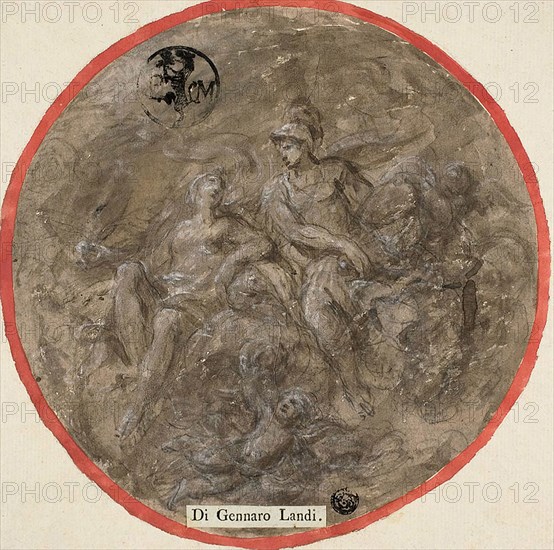 Mars, Venus and Cupid, 17th century, Attributed to Gennaro Landi, Italian, active 17th century, Italy, Brush and brown wash, over black chalk, heightened with white gouache, on ivory laid paper, laid down on ivory laid paper, 197 x 196 mm