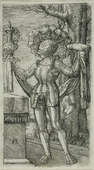 Knight, 1512/1515, Albrecht Altdorfer, German, c.1480-1538, Germany, Engraving in black on ivory laid paper, 89 x 48 mm (image/plate)