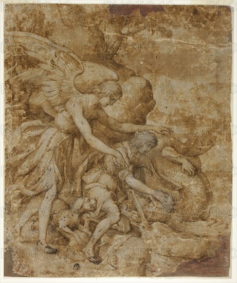 Tobias and the Angel Raphael, c. 1605, Jacopo Ligozzi, Italian, 1547-1627, Italy, Pen and brown ink with brush and brown wash, heightened with lead white (oxidized), over black chalk, with gray overpaint, (added by a later hand) on head and right hand of Tobias, on cream laid paper, laid down on gray laid paper, 415 × 345 mm (max.)