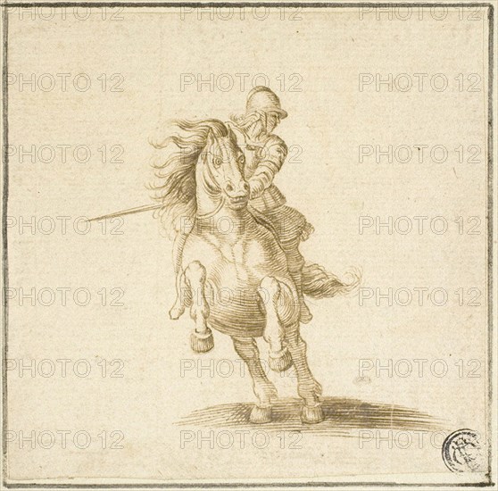 Soldier on Galloping Horse, n.d., After Stefano della Bella, Italian, 1610–64, Italy, Pen and brown ink, over traces of graphite, on ivory laid paper, laid down on cream laid paper, 103 x 105 mm