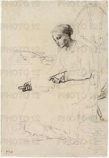 The Wool Carder (recto), Fragmentary Sketch of Man Standing by Fence (verso), 1857/58, Jean François Millet, French, 1814-1875, France, Black chalk (recto) and red chalk (verso) on ivory wove paper, 259 × 177 mm