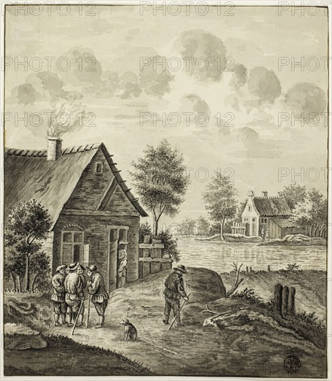 Men Conversing Outside House Beside Canal, after 1758, After Isaac van Ketweg, Dutch, c. 1732-1787, Holland, Pen and black ink and brush and gray wash, over graphite, on ivory laid paper, 206 × 180 mm