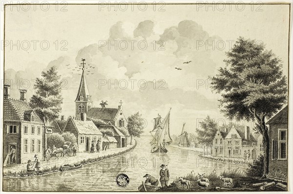 Old Dutch Town on Canal, after 1738, After Isaac van Ketweg, Dutch, c. 1732-1787, Holland, Pen and black ink and brush and gray wash on ivory laid paper, 143 × 218 mm
