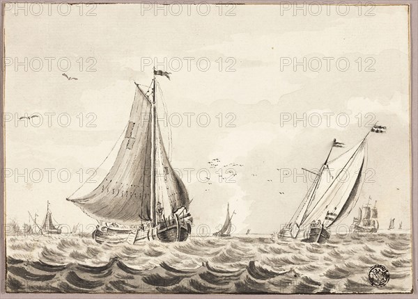 Sailboats on Sea, n.d., Unknown artist, Dutch, 16th century, Netherlands, Brush and black ink, with brush and gray wash, over traces of graphite, on ivory laid paper, 132 × 186 mm