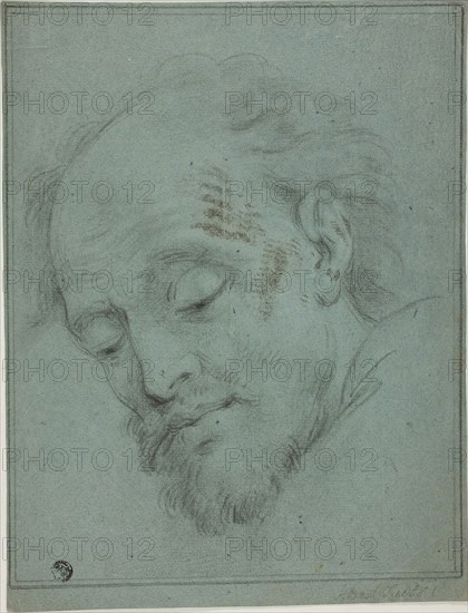 Male Head Looking Down, n.d., Unknown artist, possibly Italian, 17th century, Italy, Black crayon, heightened with lead white (discolored), on blue laid paper, 285 × 219 mm