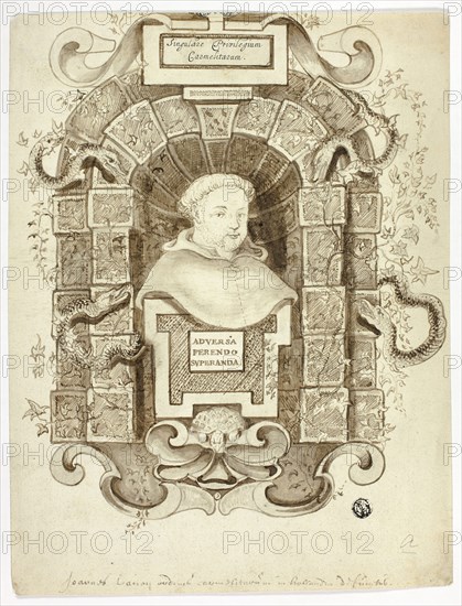 Bust Portrait of Carmelite Monk in Niche, n.d., Johannes Lanoy, Flemish, 18th century, Flanders, Pen and brown ink, with brush and brown wash and pen and black ink, on cream laid paper cut-out, on cream laid paper, 283 × 216 mm