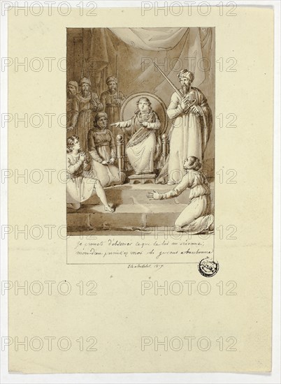 Scene from Racine’s Athalie, 1817, Charles Abraham Chasselat, French, 1782-1843, France, Pen and black ink and brush and brown wash on cream wove paper, 179 × 130 mm