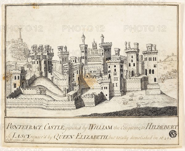 Pontefract Castle, 1774, J. Marsden, English, 19th century, United Kingdom, Pen and black ink on vellum, tipped onto cream wove paper, 187 × 232 mm