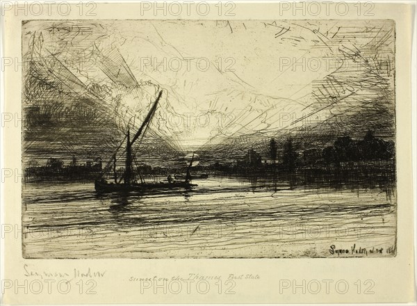Sunset on the Thames, c. 1865, Francis Seymour Haden, English, 1818-1910, England, Etching and drypoint on ivory laid paper, 136 × 214 mm (image/plate), 171 × 233 mm (sheet)