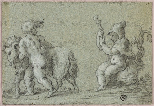 Putti as Goatherds, n.d., Unknown artist, possibly Flemish, 18th century, Flanders, Black and white chalk on blue laid paper, laid down on ivory laid paper, 164 × 240 mm