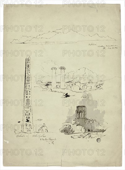 Sketches of Patmos, Sardis, Obelisk of Heliopolis, n.d., Unknown artist, possibly British, 19th century, United Kingdom, Pen and black ink, with touches of brush and gray wash, on green wove paper, 380 × 278 mm