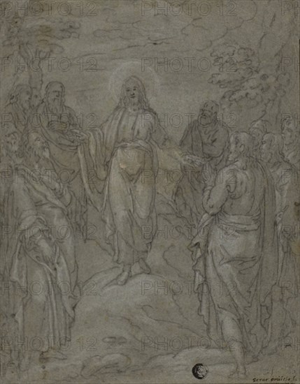 Christ and the Apostles (recto), Sketch of a Nativity Scene (verso), n.d., Unknown Artist, Italian, Late 16th century, Italy, Black chalk heightened with white chalk (recto), and black chalk (verso), on blue laid paper, 250 x 195 mm