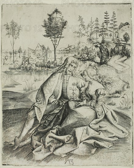 Two Lovers, c. 1500, Master M.Z., German, active 1500-1550, Germany, Engraving in black on ivory laid paper, 149 x 121 mm (sheet trimmed within plate mark)