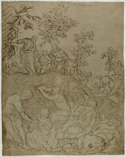 Miracle of the Loaves and Fishes, n.d., Attributed to Pedro Mena y Medrano (Spanish, 1628-1688), after Jacopo Robusti, called Tintoretto (Italian, 1519-1594), Italy, Pen and brown ink with brown crayon, with touches of white chalk, on brown laid paper, 354 × 278 mm (max.)
