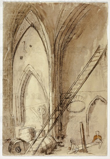 Teetertotter in Church Building, n.d., Unknown artist, possibly British, 19th century, United Kingdom, Pen and brown ink, with brush and brown, pink and orange wash, over graphite, on cream wove  paper, 258 × 177 mm