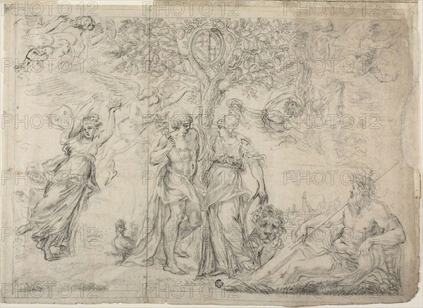An Allegory of Bologna, 1630/39, Alessandro Algardi, Italian, 1598-1654, Italy, Black chalk on ivory laid paper, partially laid down on ivory laid paper, 365 × 505 mm