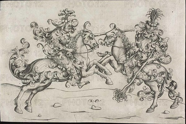 Combat of Two Wild Men on Horseback, 1475/85, Israhel van Meckenem the Younger (German, c. 1440/45-1503), after Master of the Housebook (German, active c. 1470-1500), Germany, Engraving on ivory laid paper, 140 x 211 mm