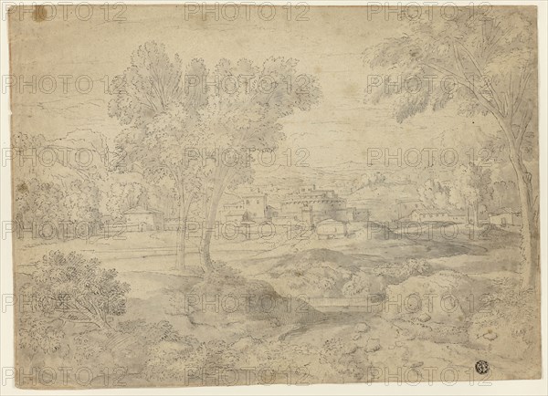 Italianate Landscape with Buildings, n.d., Follower of Nicolas Poussin, French, 1594-1665, France, Pen and black ink and brush and gray wash on tan laid paper, 277 × 380 mm