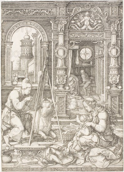 Saint Luke Painting the Virgin and Child, 1526, Dirk Vellert, Netherlandish, 1480-1547, Netherlands, Engraving on paper, 170 x 121 mm