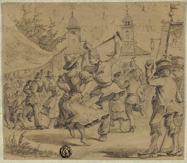 Women and Soldiers Dancing in Village Square, n.d., Unknown artist, possibly German, 19th century, Germany, Graphite on tan wove paper, tipped on pale green wove paper with blue fibers, 126 × 144 mm