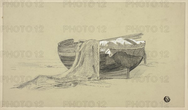 Fishing Boat on Shore, c. 1878, J. K. Rutter, British, active late 19th century, United Kingdom, Graphite, heightened with white gouache, on pale green wove paper, perimeter mounted on cream board, 169 × 294 mm