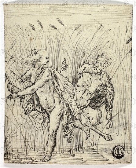 Pan and Syrinx, n.d., Unknown Artist, Southern German, late 16th century, Germany, Pen and black ink on tan laid paper, tipped onto tinted laid paper, 115 × 94 mm