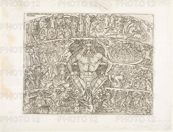 Inferno According to Dante, c. 1470, printed 19th century, Circle of Baccio Baldini (Italian, c. 1436–1487), after Francesco Traini (Italian, active 1321–1345), Italy, Engraving in black on ivory wove paper, 220 × 282 mm (plate), 280 × 262 mm (sheet)