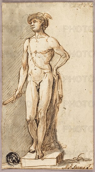 Statue of Mercury, n.d., Michael Henry Spang, Danish, active 1750-1767, Denmark, Pen and brown ink, with brush and gray and orange wash, over traces of graphite, on cream laid paper, laid down on blue laid paper, 120 × 66 mm