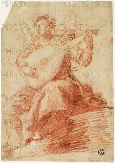 Angel Playing a Lute, n.d., Attributed to Jacopo Confortini (Italian, 1602-1672), or possibly Giovanni (Antonio) Bilivert (Italian, 1585-1644), or possibly Giovanni Mannozzi (Italian, 1592-1636), Italy, Red chalk, on buff laid paper, laid down on ivory wove paper, 244 × 171 mm