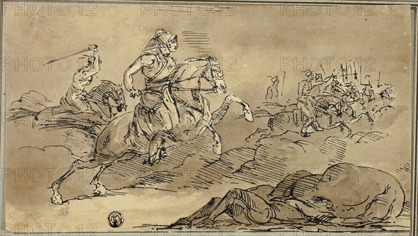 Cavalry Going Into Battle, 1813, Attributed to James Stuart, English, 1713-1788, England, Pen and black ink, with brush and brown wash, on ivory wove paper, tipped on pale green laid paper, 140 × 248 mm