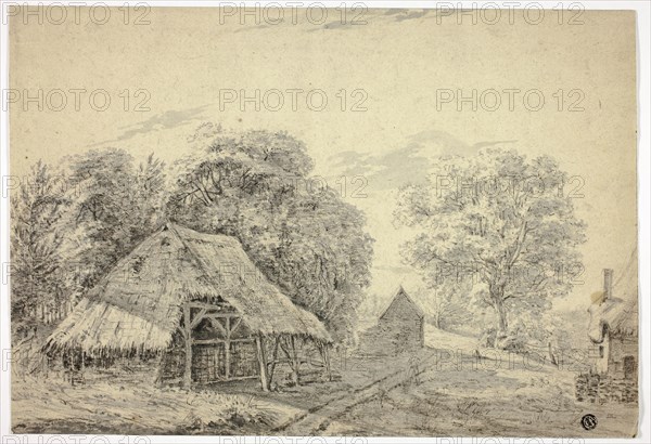 Thatched Shed on Farm, n.d., Unknown artist, possibly 19th century, Unknown Place, Charcoal, with brush and gray wash, touches of pen and black ink, and traces of graphite, on cream laid paper, 271 × 397 mm