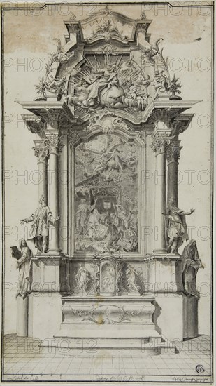 Study for an Altar Containing a Painting of the Adoration of the Shepherds, 1767, Carl Joseph Haringer, Austrian, 18th century, Austria, Pen and black and gray ink and brush and gray wash on ivory laid paper, laid down on ivory wove paper, 450 × 228 mm