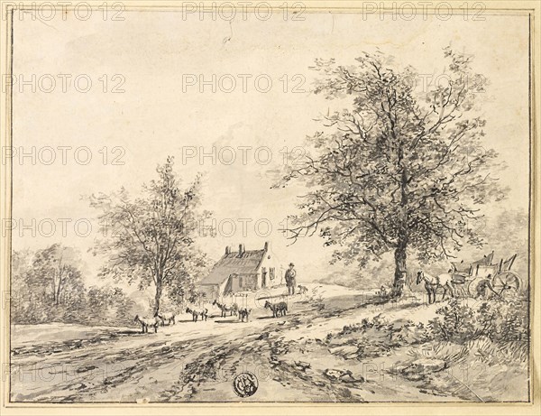 Goatherd, Goats on Road near Carriage and House, n.d., Bruno van Straaten, Dutch, 1786-1870, Holland, Pen and black ink, with brush and gray wash, on ivory laid paper, tipped onto card, 152 × 201 mm