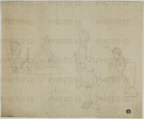 Sketch of Family Group with Three Seated Women and Young Man Standing, 18th century, Unknown German Artist, or possibly Johann Friedrich August Tischbein (German, 1750-1812), Germany, Graphite on cream laid paper, 246 × 301 mm