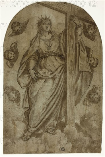 Saint Helena and the True Cross, 1580/90, Italian, Late 16th Century, Italy, Pen and brown ink with brush and brown wash, over black chalk, on lunette-shaped blue-brown laid paper, laid down on ivory laid paper, 391 × 255 mm (max.)