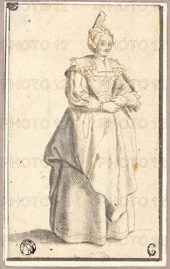Woman in Full Dress, 1630/39, possibly after Wenceslaus Hollar, Czech, 1607-1677, Bohemia, Pen and brown ink with brush and gray wash, on ivory laid paper, laid down on ivory laid paper, 153 × 91 mm
