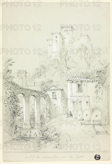 Port of the Alhambra from the Dario, n.d., possibly Richard Ford (English, 1796-1858), possibly after Frederick Christian Lewis (English, 1779-1856), England, Graphite, heightened with white gouache, on gray wove paper, 265 × 180 mm