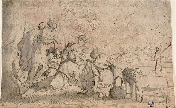 Group of Shepherds and a Ram, n.d., Follower of Pietro Testa, Italian, 1611/12-1650, Italy, Pen and brown ink with brush and gray wash, on buff laid paper, laid down on Japanese paper, 179 × 280 mm