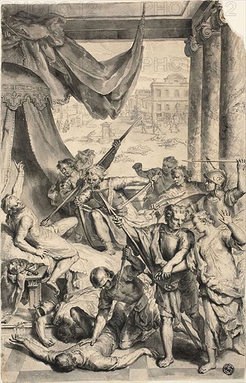 Study for Simeon and Levi Slay the Sichemites, from Figures de la Bible, c. 1728, Gerard Hoet, I, Dutch, 1648-1733, Holland, Pen and black ink, with brush and gray wash, on ivory laid paper, 328 × 212 mm