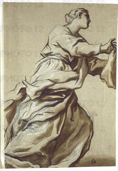 Study for Detail: Saint Veronica, c. 1680, Attributed to Domenico Piola, Italian, 1627-1703, Italy, Brush and brown ink, heightened with white chalk, over black chalk, on gray laid paper, 357 x 238 mm