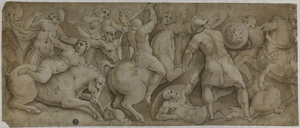 Battle of the Amazons, n.d., After Polidoro Caldara, called Polidoro da Caravaggio, Italian, c. 1499-c. 1543, Italy, Black chalk with brush and brown wash, on ivory laid paper, laid down on tan wove paper, 219 x 512 mm