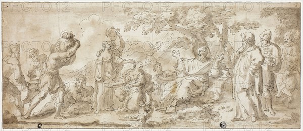 Israelites in the Wilderness, n.d., Unknown Artist (Italian, possibly Neopolitan, 18th century), or possibly Fidele Fischetti (Italian, 1734-1789), Italy, Pen and brown ink, with brush and gray brown wash, over traces of graphite, on ivory laid paper, 178 x 416 mm