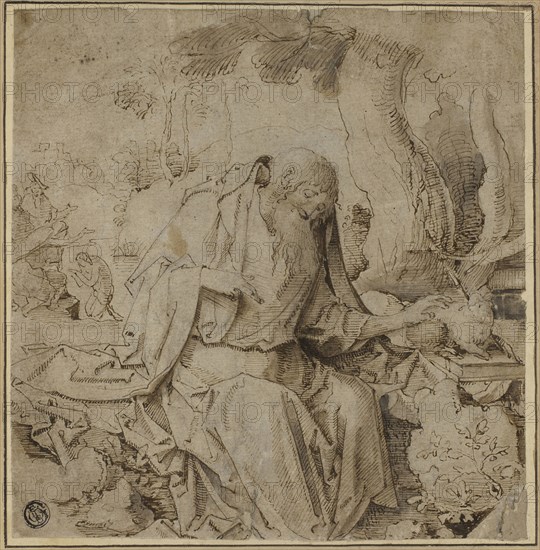St. John with the Lamb, c. 1520, Unknown Netherlandish artist, possibly Jan Claudius de Cock (Flemish, 1668-1736), Netherlands, Pen and brown ink with brush and brown wash, over traces of black chalk, on gray laid paper, laid down on cream wove paper, 194 x 189 mm
