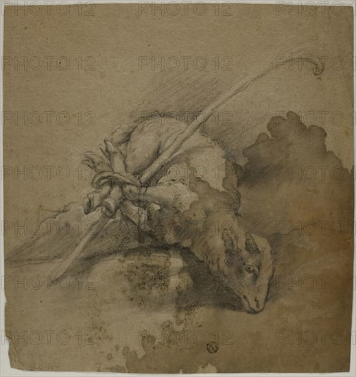Lamb Bound to Shephard’s Crook (recto), Seated Academic Male Nude, From Back, Turning Right (verso), n.d., School of Giovanni Battista Piazzetta, Italian, 1682-1754, Italy, Black and white chalk (recto), and black chalk (verso), on brown laid paper, 297 x 284 mm