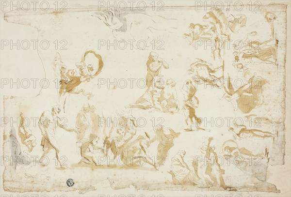 Sketches of Mythological Subjects, n.d., Giovanni Battista Cipriani, Italian, 1727-1785, Italy, Pen and brown ink with brush and brown wash, and touches of gray wash, on ivory laid paper, laid down on buff wove card, 227 x 352 mm