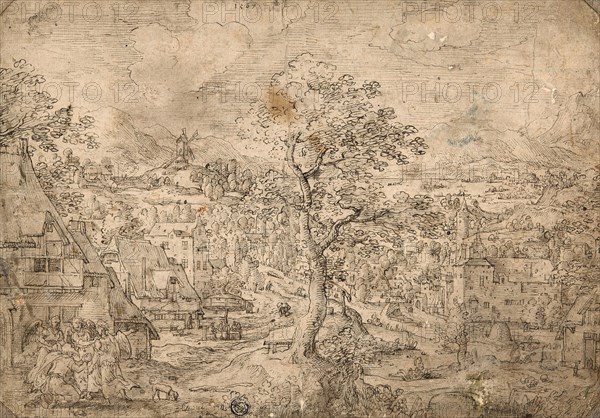 Landscape with Abraham and Angels, 1567, Attributed to Hans Bol, Netherlandish, 1534-1593, Netherlands, Pen and brown ink with brush and brown wash, on buff laid paper, laid down on card, 207 x 294 mm
