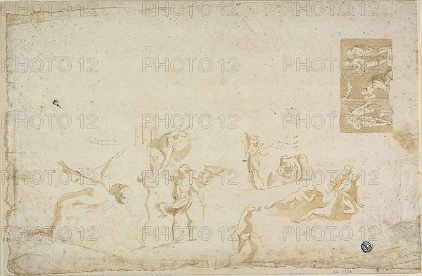 Sketches of Mythological Subjects, n.d., Giovanni Battista Cipriani, Italian, 1727-1785, Italy, Pen and brown ink with brush and brown wash, with graphite, on ivory laid paper, tipped onto buff wove card, 229 x 351 mm