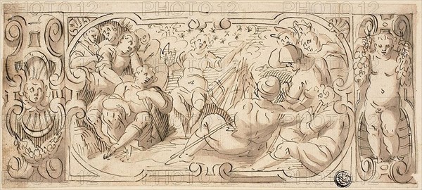Design for Decorative Frieze with Joseph Interpreting His Dream to His Brothers, n.d., Circle of Giovanni Battista Castello, called Il Bergamasco, Italian, c. 1509-1569, Italy, Pen and brown ink with brush and brown wash, over traces of graphite, on cream laid paper, laid down on cream laid paper, 106 x 237 mm