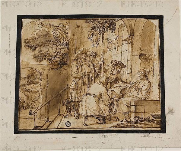 Joseph’s Brothers Showing His Coat to Jacob, 1640s, Jan Victors, Dutch, 1619-1676, Netherlands, Pen and brown ink, with brush and brown wash, on cream laid paper, 195 x 246 mm